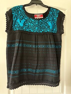 Nativa Handmade in Mexico Black Shirt with Blue Embroidery, Stunning Top! Med-Lg